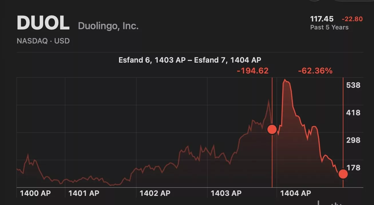 سقوط آزاد ارزش سهام دولینگو در یک سال سقوط آزاد ارزش سهام دولینگو در یک سال