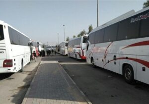 ببینید|صف ۳ کیلومتری اتوبوس‌ها در مرز مهران/ ۹۰۰ اتوبوس به خط شد