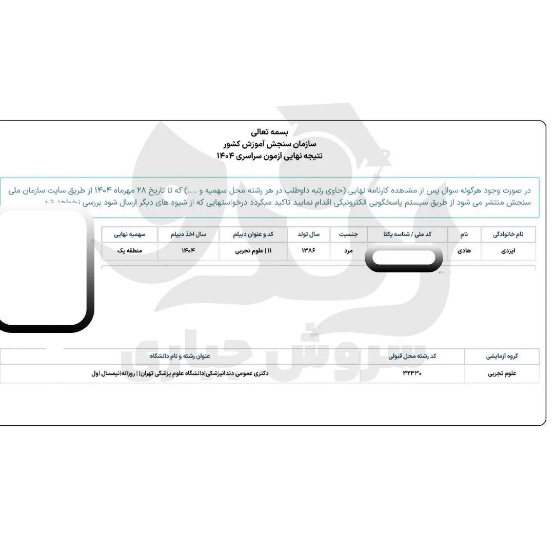 نمونه کارنامه قبولی دندانپزشکی تهران در آرشیو رندو
